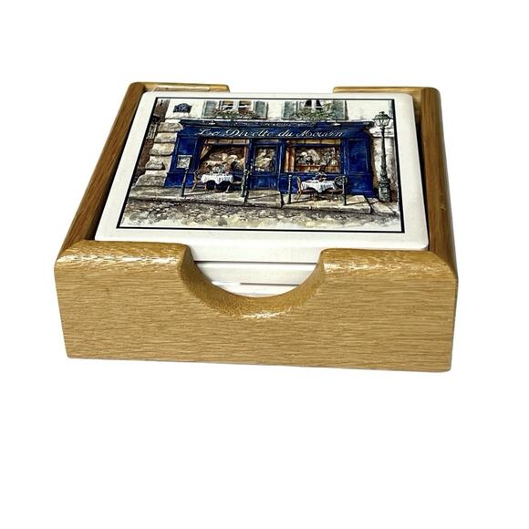 Ceramic Coasters Set Of 4 La Divette Du Moulin Cork Back Tray Paris Cafe - Picture 5 of 12